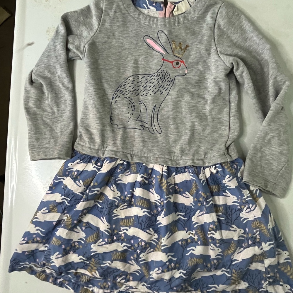 Mini Boden Bunny Sweatshirt Dress with Floral Accents